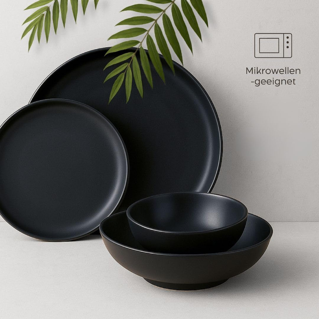 Set di piatti in gres per 6 - Nero opaco Set da 6 pezzi Piatti grandi adatti al microonde Design elegante - Collezione Twinzee Ebony