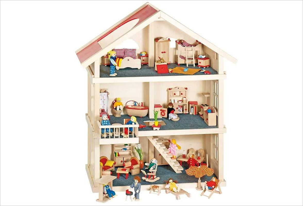 51957 Casa delle bambole in legno, 65 x 35 x 87,5 cm - Grande casa delle bambole in legno, 3 piani, design aperto, tetto rosso, scale e balcone per giochi di ruolo creativi, Mondo dei giochi per case delle bambole