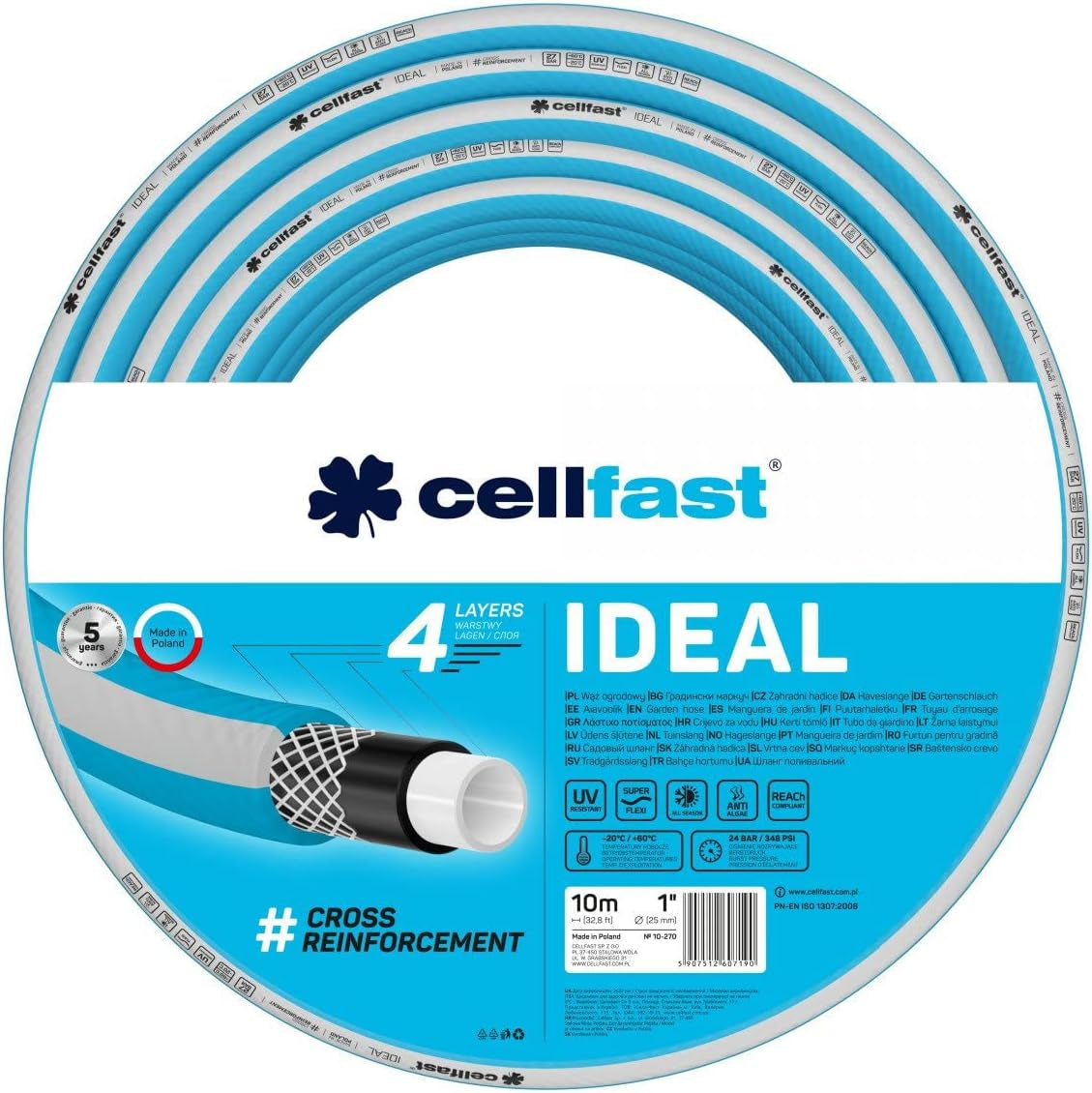 Tubo da giardino Cellfast IDEAL, Durevole, Flessibile, 4 strati, Treccia incrociata durevole, Resistente ai raggi UV e alle alghe, Tecnologia REACH, 27 bar, -20/+60° breve termine 1", 10m
