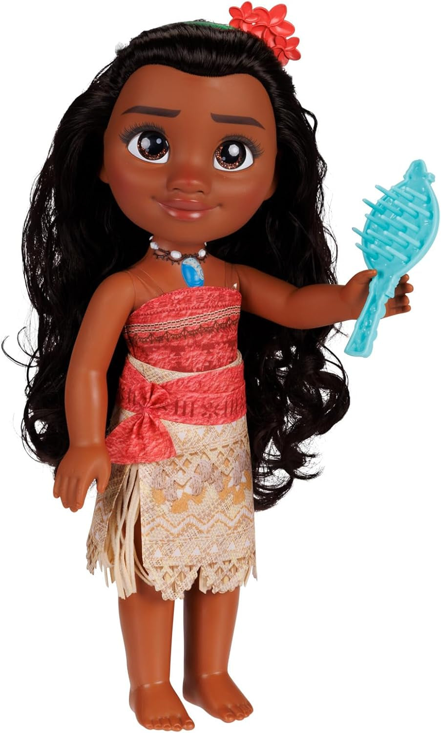 Disney Princess Moana bambola da 35 cm, occhi glitter riflettenti, articolazioni mobili, vestito staccabile, fermaglio floreale, capelli lunghi, per ragazze dai 3 anni in su