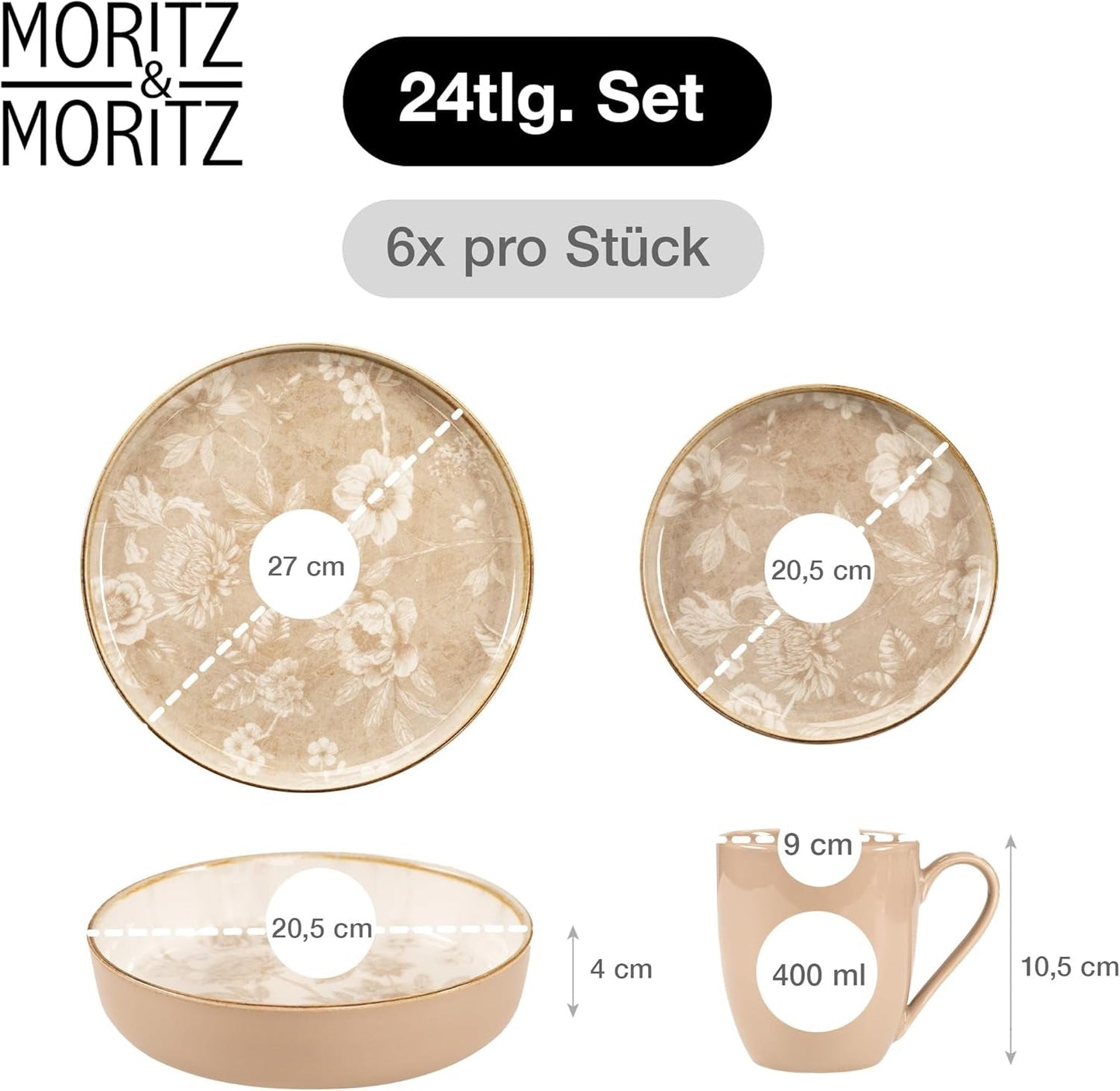 Moritz & Moritz MARIELLA Set di stoviglie in gres da 24 pezzi per 6 persone - Stoviglie moderne beige dal design giocoso, servizio da caffè di facile manutenzione con piatti, ciotole e tazze - Set combinato