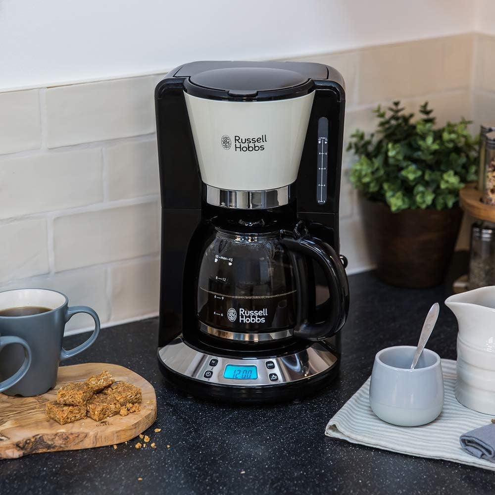 Caffettiera Russell Hobbs [Timer digitale, soffione doccia per estrazione e aroma ottimali] Colors+ Creme (da 1 a 10 tazze, caraffa in vetro da 1,25 litri, piastra riscaldante, 1100 W) Caffettiera con filtro 24033-56