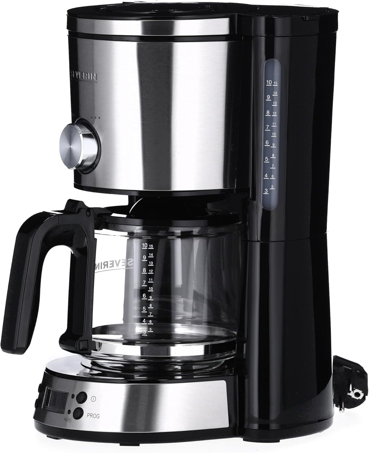 Macchina per caffè espresso SEVERIN "TypeSwitch" con caraffa in vetro e timer, AromaSwitch per scegliere 2 opzioni di erogazione, orologio digitale con funzione timer, per un massimo di 10 tazze, 1000 W, acciaio inossidabile spazzolato-nero, KA 4826