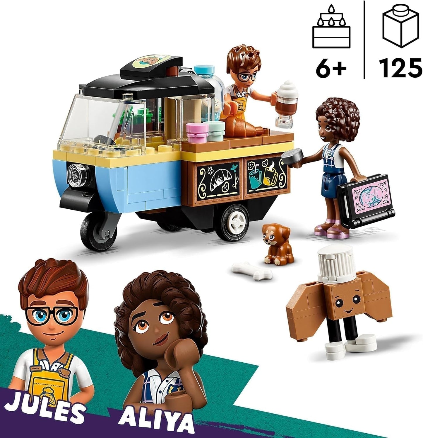 LEGO Friends Rolling Café Piccolo giocattolo da forno per bambini, regalo per ragazze e ragazzi dai 6 anni, giocattolo educativo con Aliya, Jules e Aira il cane 42606 Set da costruzione Beuche den LEGO-Store