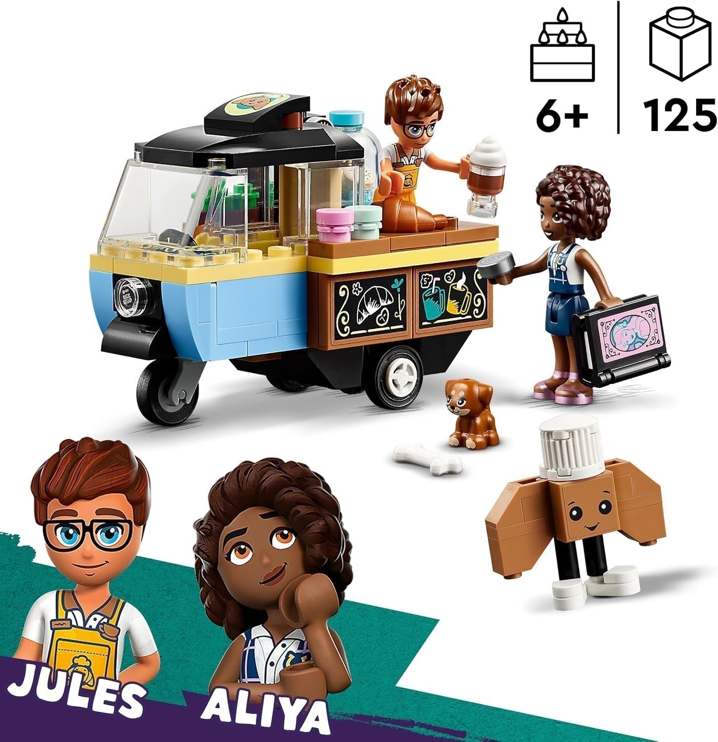 LEGO Friends Rolling Café Piccolo giocattolo da forno per bambini, regalo per ragazze e ragazzi dai 6 anni, giocattolo educativo con Aliya, Jules e Aira il cane 42606 Set da costruzione Beuche den LEGO-Store
