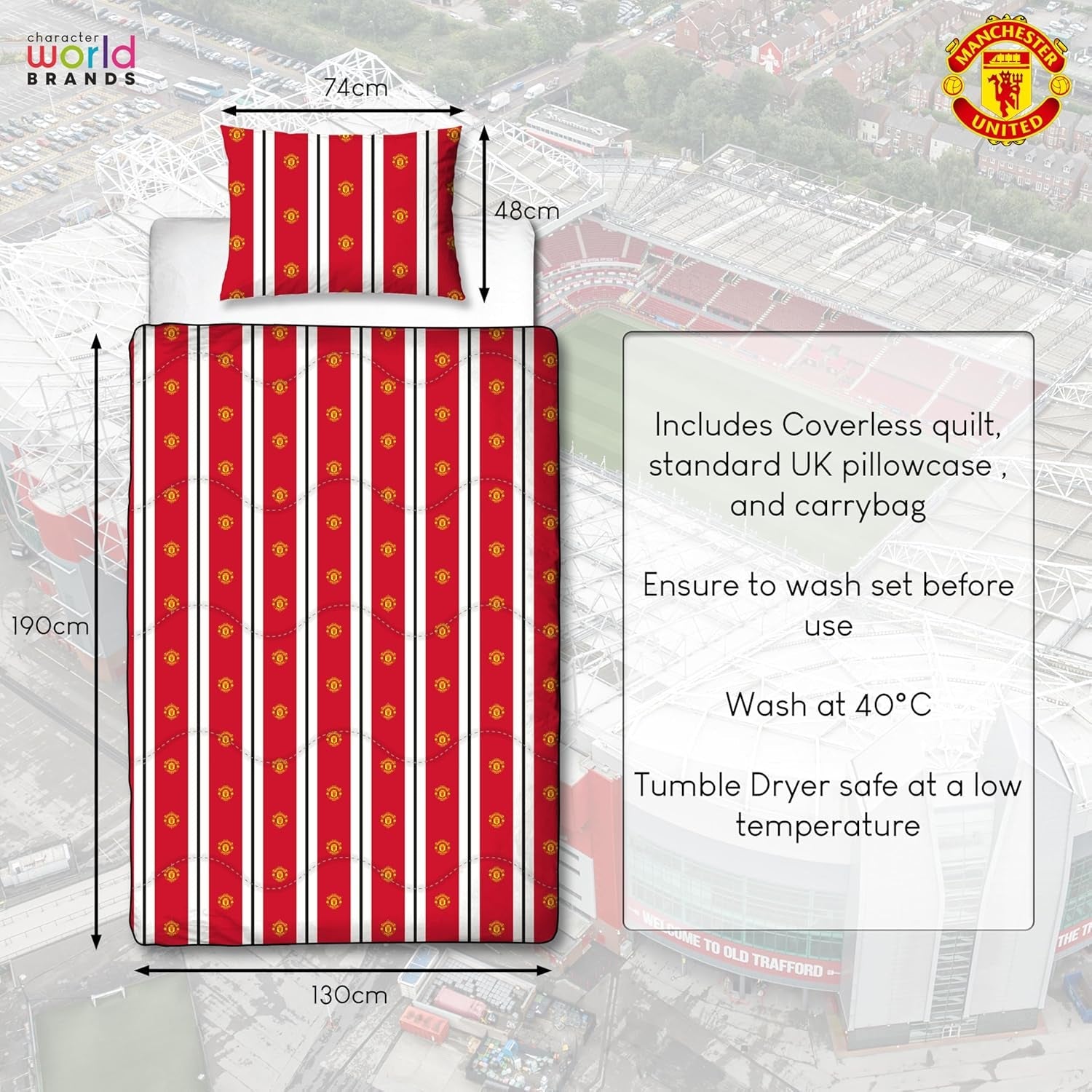 Piumino singolo ufficiale Manchester United FC, reversibile, rosso e bianco, senza copertura, trapunta da calcio, federa, lavabile, perfetto per viaggi, pernottamenti, piumini e trapunte da 10,5 Tog Naty Shop