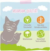 MjAMjAM - Alimento umido premium per gatti - Pollo succoso e salmone selvatico, confezione da 6 (6 x 400 g) senza cereali con carne extra