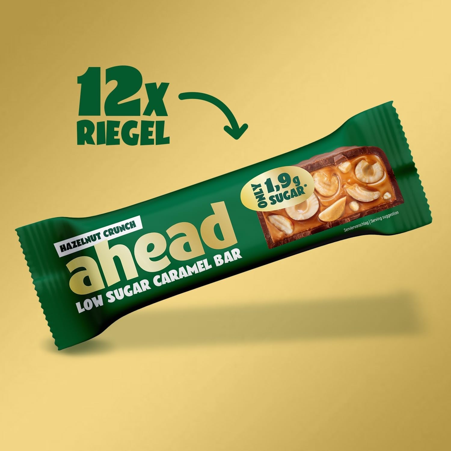 Barrette di cioccolato al caramello e nocciole avanti | 12 tavolette di cioccolato x 35 g senza zuccheri aggiunti | 1,9 g di zucchero per barretta | Gusto croccante di nocciola e caramello | Dolci a basso contenuto di carboidrati | Niente olio di palma