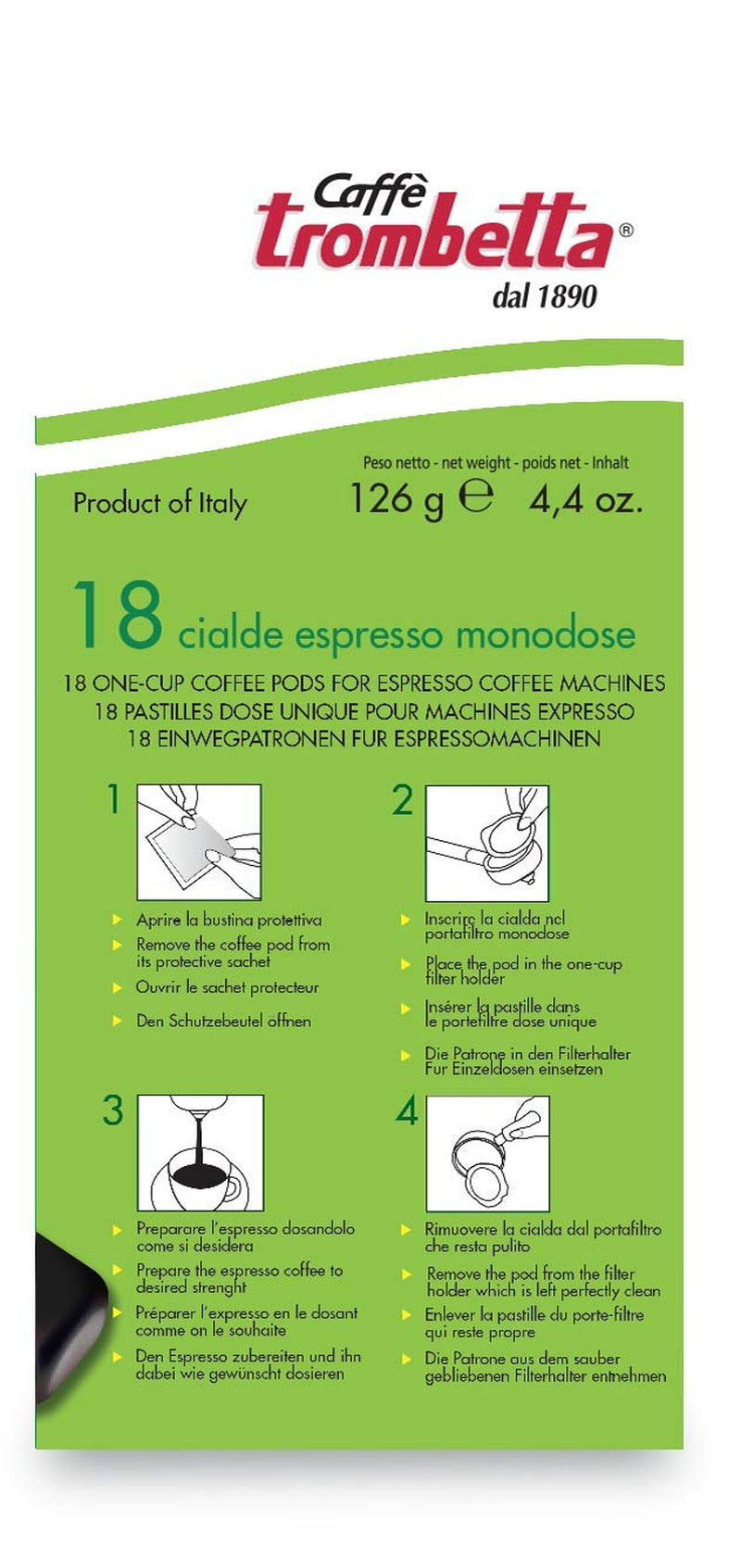 Caffè Trombetta ESE cialde per caffè, Italien Kaffee, Richhaltiges Aroma und samtiger Gesmack Biologisch - 1 Packungen zu je 18 Kaffeepads