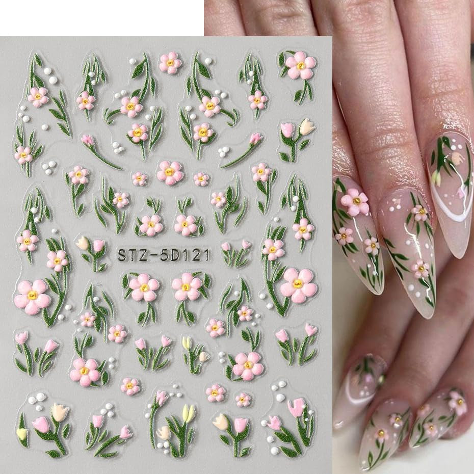 JMEOWIO 3D Nagelsticker Blumen Frucht Nail Art Sticker Selbstklebend Nagelaufkleber 5D Stereoscopico Decorazione Nageldesign Zubehör 4 Blatt