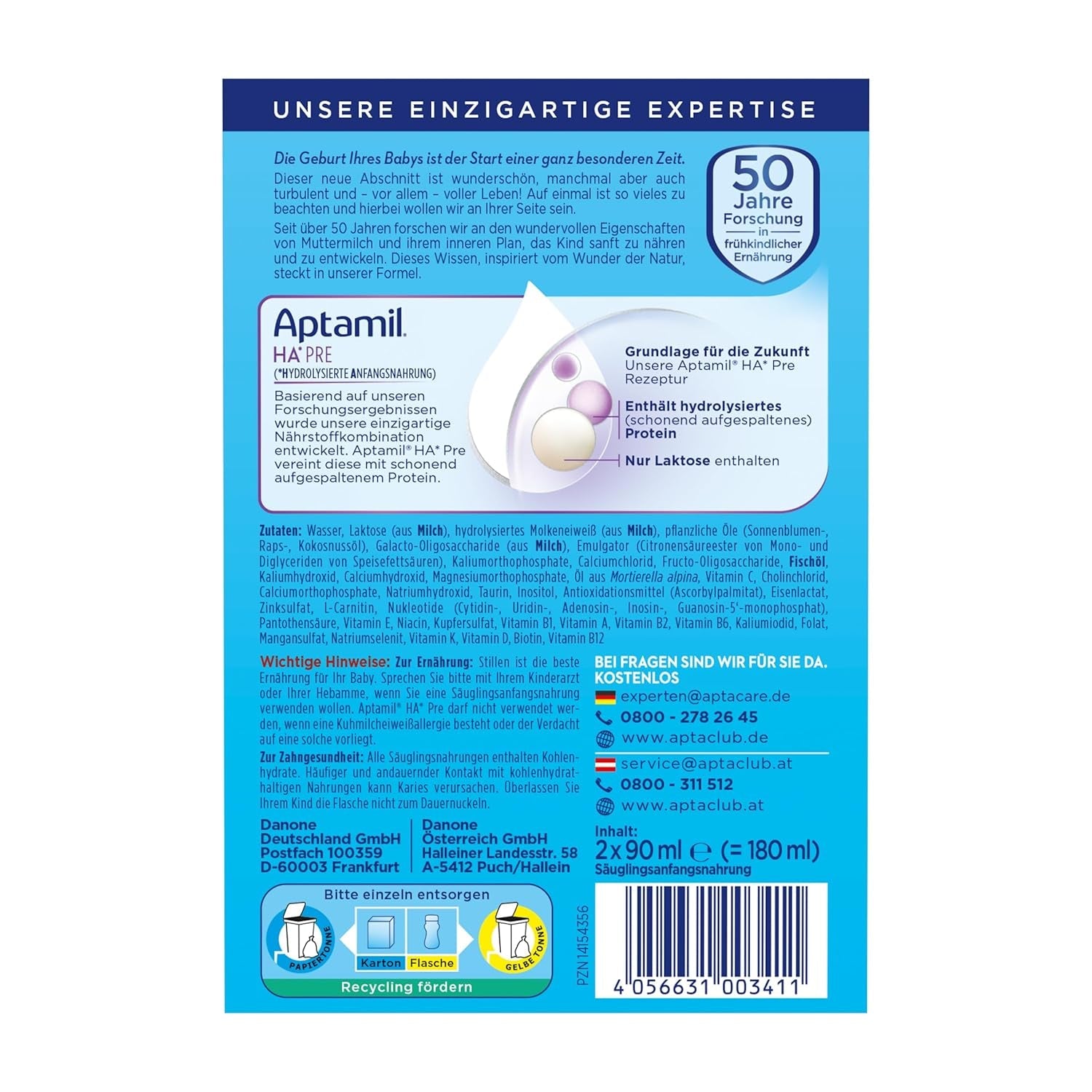Aptamil HA Pre Ready to Drink – Latte idrolizzato per lattanti dalla nascita – 4 x 2 x 90 ml
