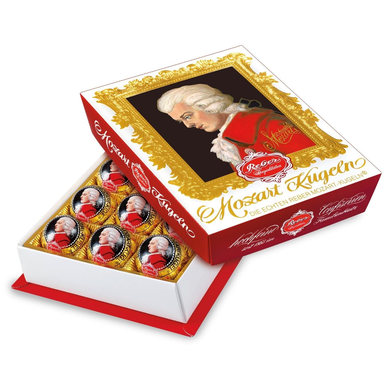 Reber Mozart palline al cioccolato fondente, confezione da 6 con marzapane e torrone, vegan - 1 x 120 g