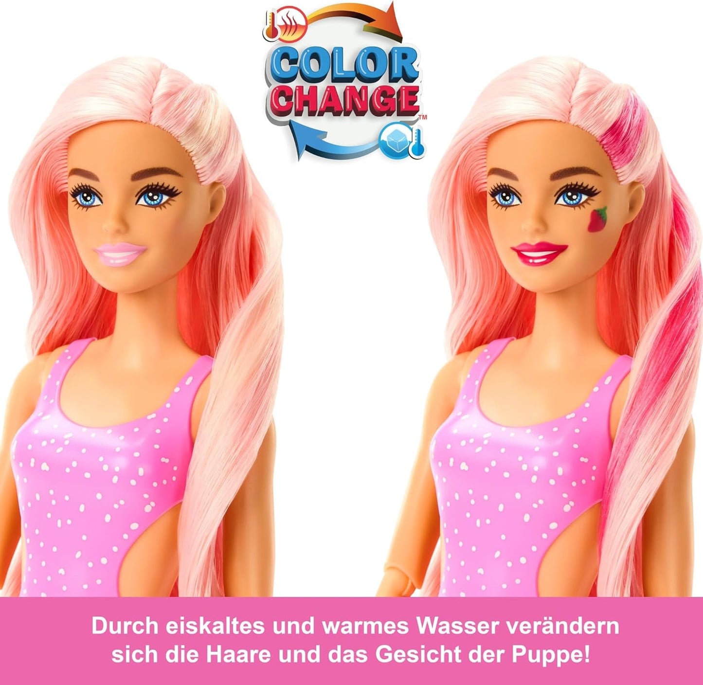 Barbie Pop Reveal Fruit - Bambole a sorpresa con 8 sorprese fruttate, tra cui una bambola posizionabile profumata alla fragola e limonata e un soffice cucciolo, dai 3 anni in su, HNW41