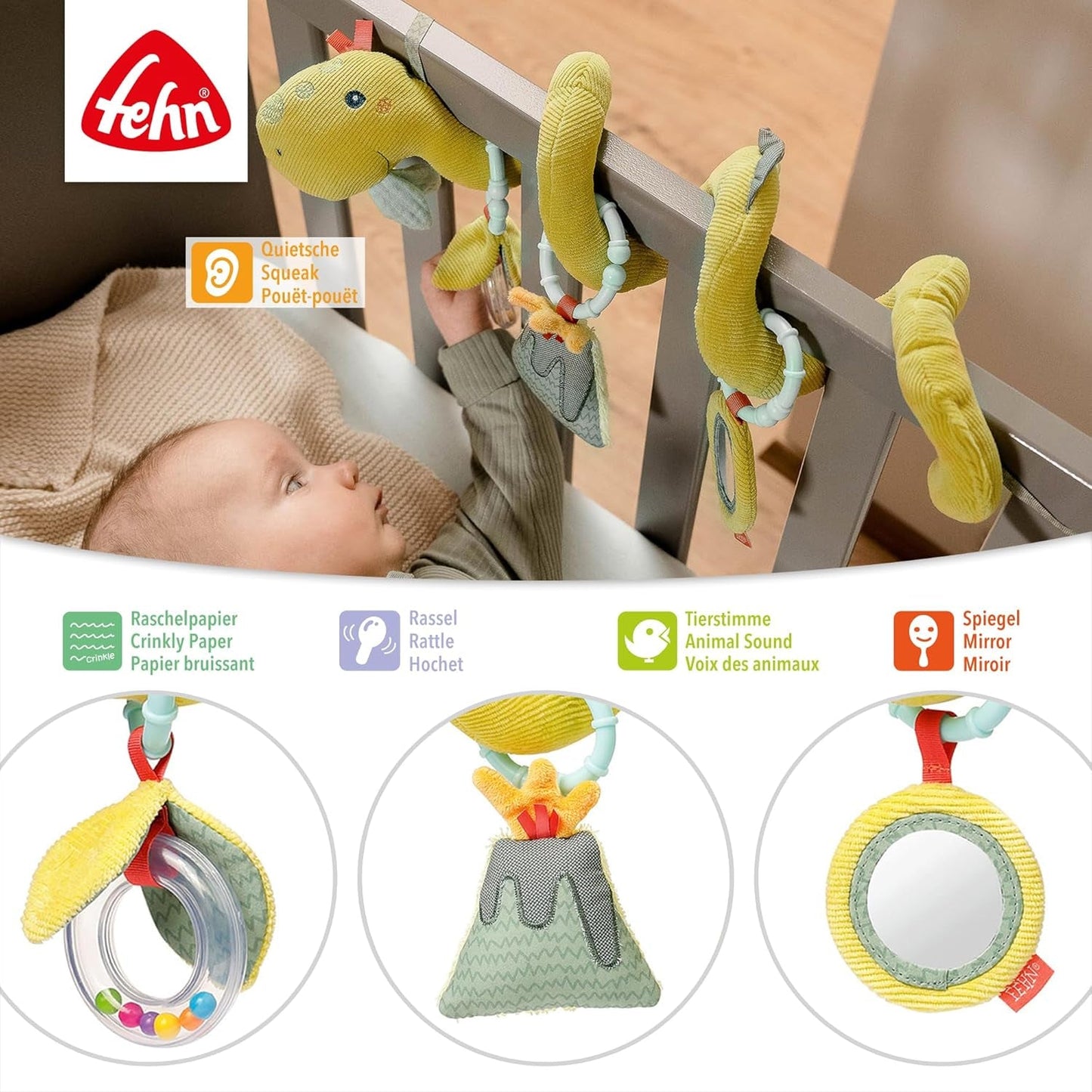 Fehn Activity Spiral Dino - giocattolo per passeggino spingi e tira - dinosauro per lettino, parco giochi, carrozzina e seggiolino auto - gioco di attività motoria per neonati e bambini da 0+ mesi Baby Toys Naty Shop
