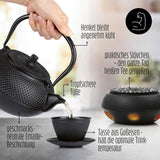 Set da tè Lumaland da 8 pezzi | Teiera in ghisa Tetsubin da 1,4 litri | Stufa in ghisa | 2 tazze da tè e 2 piattini | Set da tè giapponese comprensivo di misurino in bambù e infusore in acciaio inossidabile