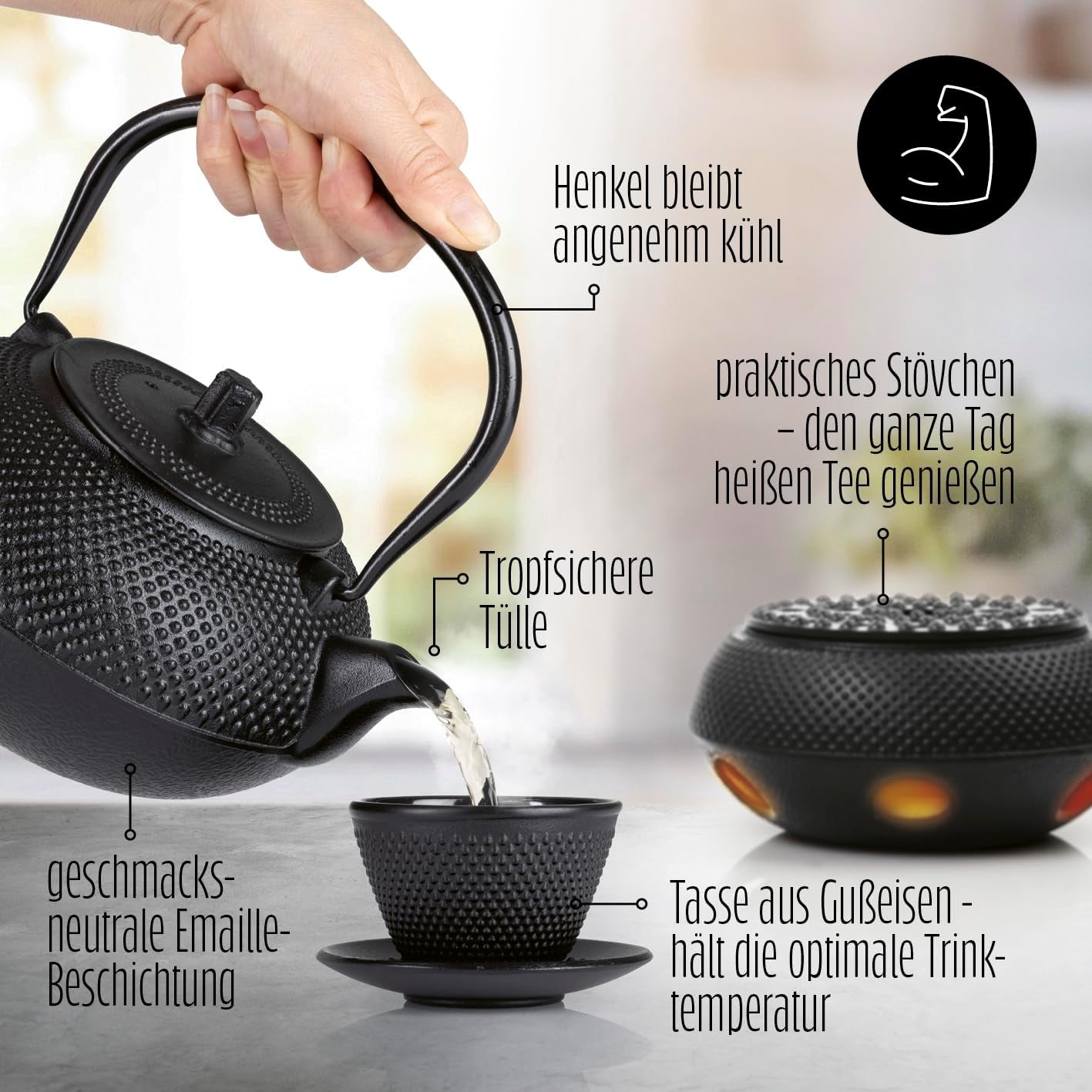Set da tè Lumaland da 8 pezzi | Teiera in ghisa Tetsubin da 1,4 litri | Stufa in ghisa | 2 tazze da tè e 2 piattini | Set da tè giapponese comprensivo di misurino in bambù e infusore in acciaio inossidabile