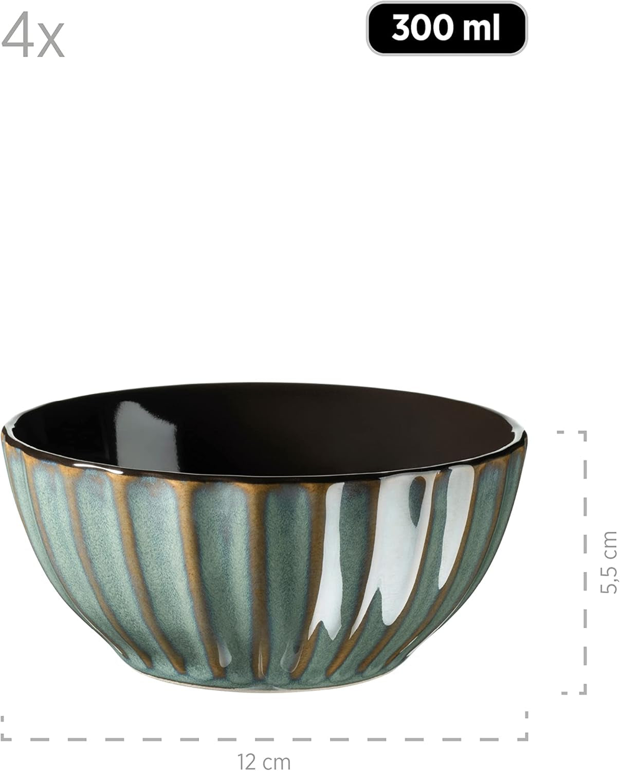 MÄSER 931966 Servizio da tavola serie Confino per 4 persone, look vintage moderno, set da colazione in ceramica, 12 pezzi, colore petrolio con accenti neri, gres