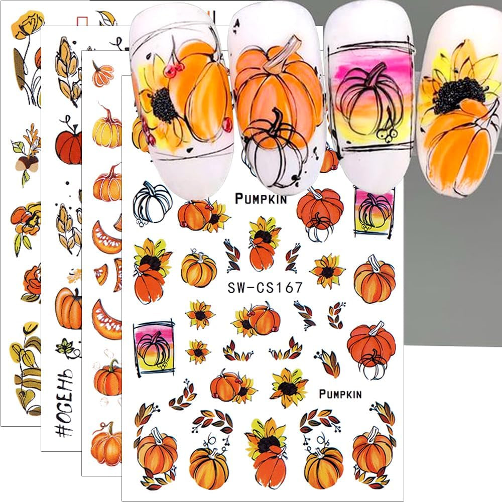 Adesivi per unghie autunnali 3D Adesivi per unghie foglie di zucca Linea geometrica Fiori Adesivi per unghie Design del Giorno del Ringraziamento Adesivi per unghie Autunno Zucca per unghie Accessori per unghie Nail Art