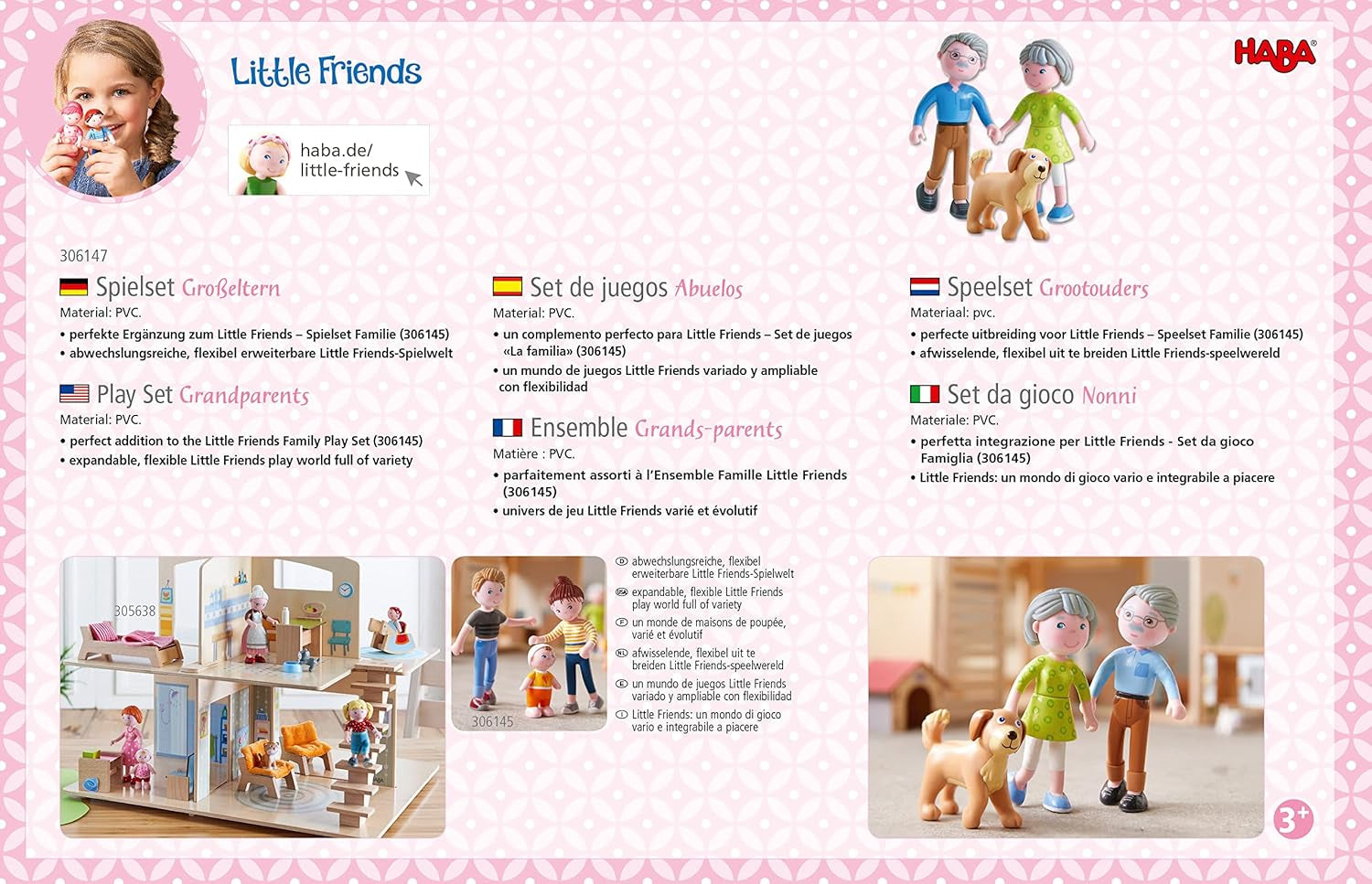 HABA 306147 - Little Friends Playset Nonni, Bambole flessibili e Animali dai 3 anni in su, Multicolore