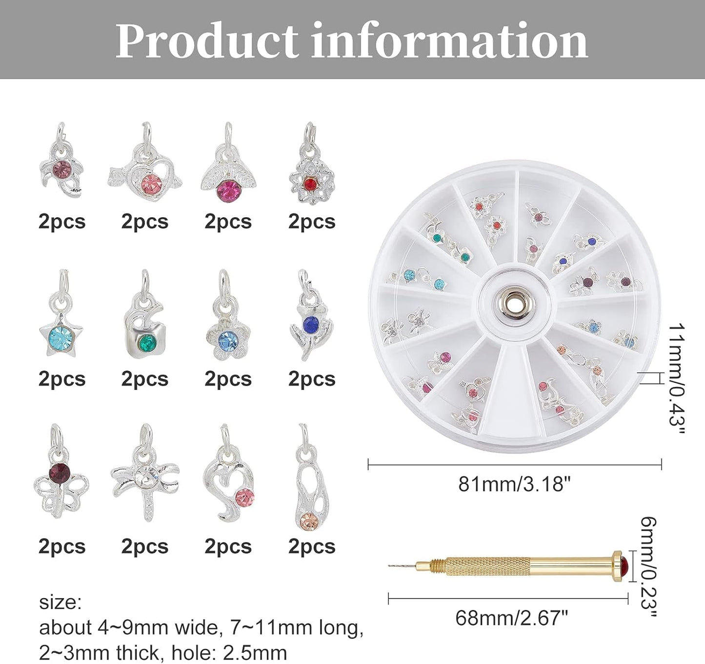 OLYCRAFT 24 Pezzi Anello per Nagelschmuck Ciondola Nail Art Accessori con Strumento per piercing al Nagel Bohrer Manueller Bohrer Aus Legierung per Tips, Acrilico, Gel e Decorazioni