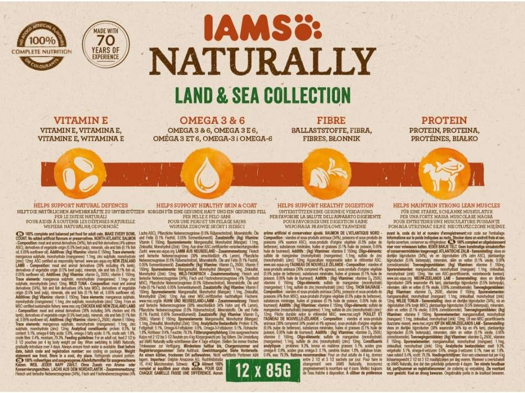 IAMS Alimento Umido Naturale per Gatti in Salsa - Alimento umido di carne e pesce di alta qualità per gatti adulti, Collezione Land & Sea, 12 x 85g