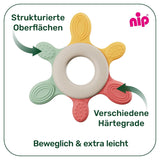 nip – Anello da dentizione | Anello da dentizione sostenibile per bambini a partire da 3 mesi, realizzato con oltre il 65% di materie prime naturali. Per un massaggio delicato delle gengive, della lingua e dei denti | Rosso/Verde/Arancione