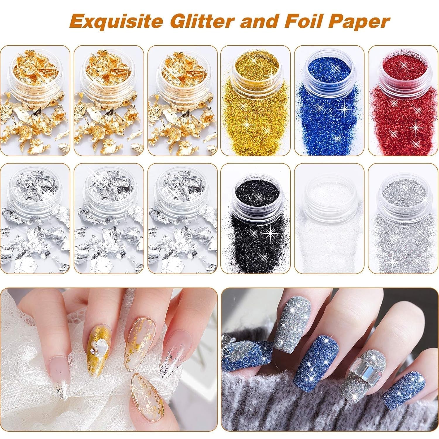 MELLIEX 45 Stück Nail Art Dekoration Zubehör Set, Nägel Pinsel Strasssteine ​​​​Glitzer Goldfolie Nageldesign Dotted Pen Streifenband Für Nagelkunst Maniküre Set
