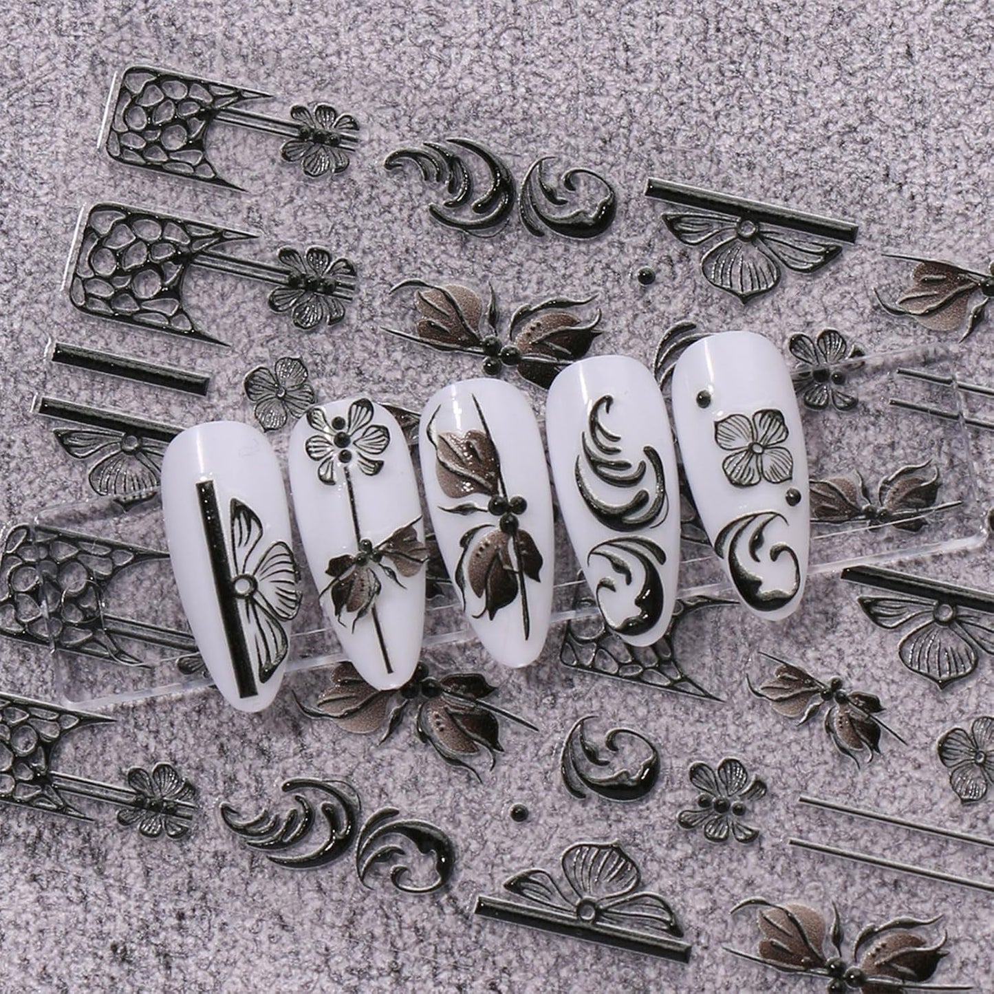 JMEOWIO 3D Nagelsticker Schwarz Weiß Blume Nail Art Sticker Self-klebend Nagelaufkleber 5D Stereoscopic Blumen Dekoration Nageldesign Zubehör 4 Blatt