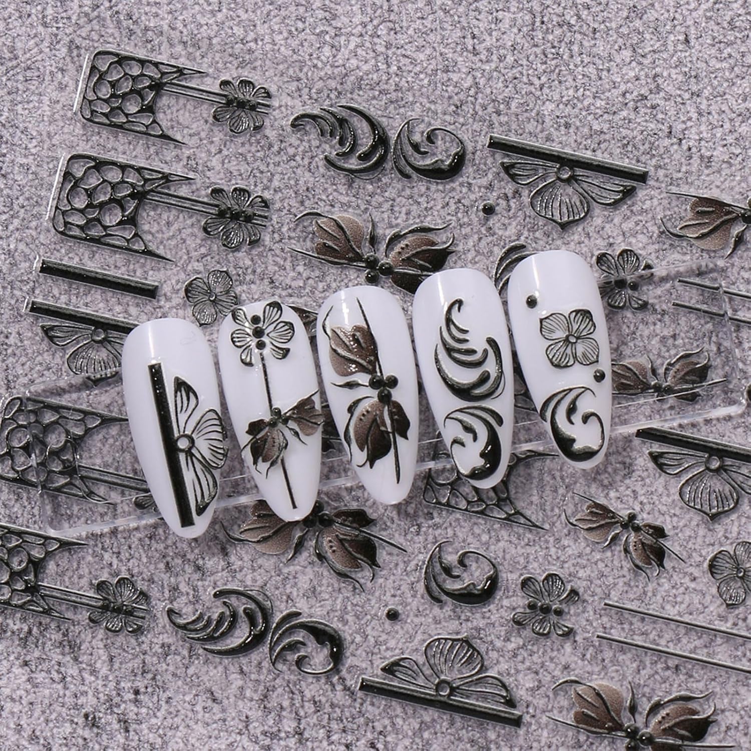 JMEOWIO 3D Nagelsticker Schwarz Weiß Blume Nail Art Sticker Self-klebend Nagelaufkleber 5D Stereoscopic Blumen Dekoration Nageldesign Zubehör 4 Blatt