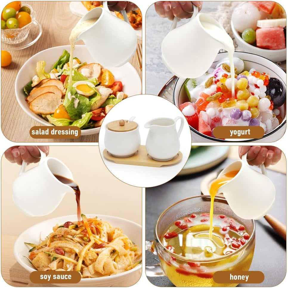 Set latte e zucchero con coperchio e cucchiaio, lattiera e contenitore zucchero in ceramica 5 parti con tavoletta in legno, contenitore latte e zucchero per cucina, caffè, forno microonde e lavastoviglie (bianco)
