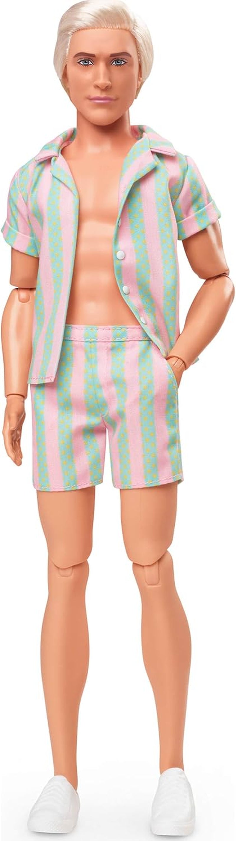 Barbie Movie Ken Barbie Doll in costume da bagno a righe rosa pastello e verde, tavola da surf e scarpe da ginnastica bianche, JBJ54