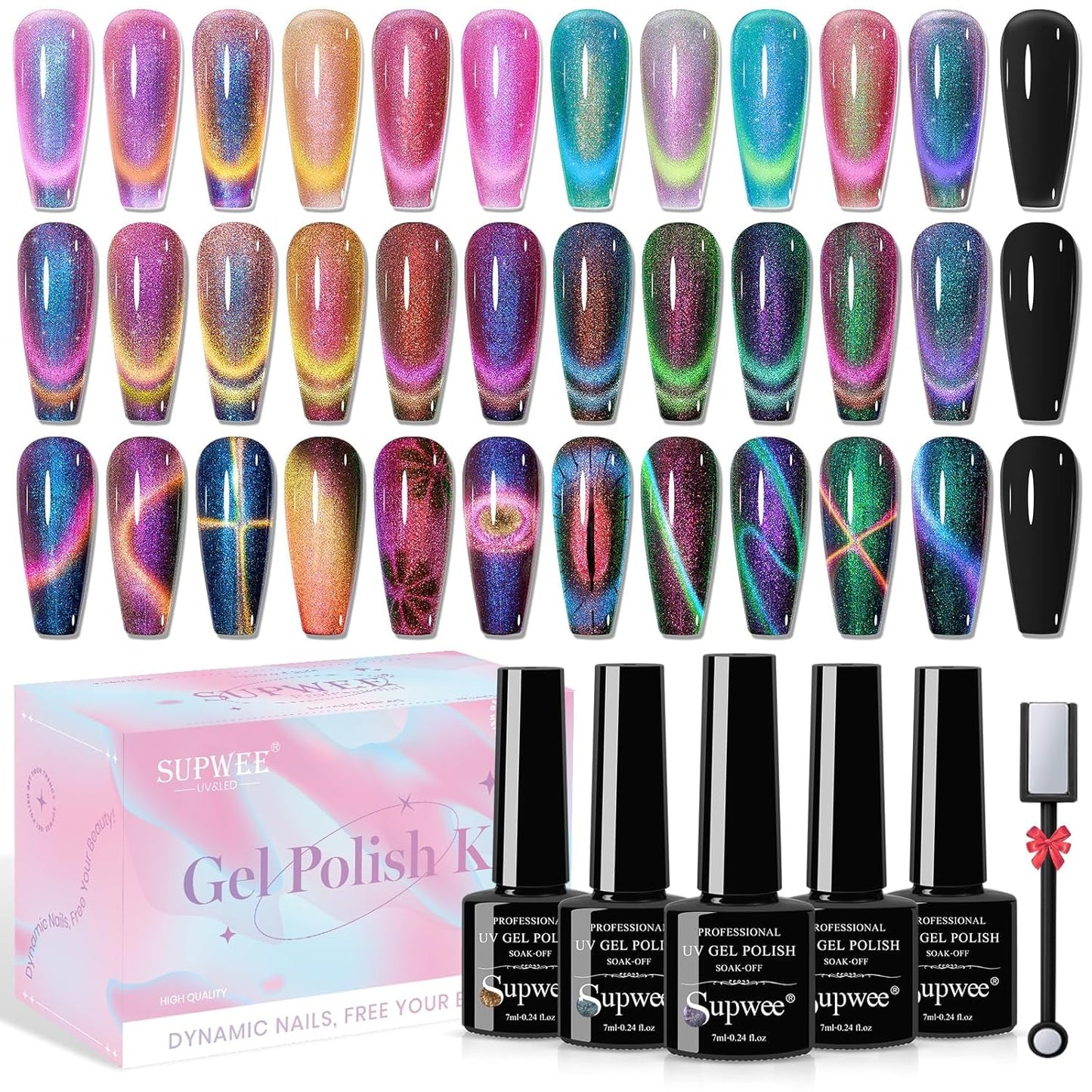 SUPWEE Strumento magnetico per unghie 5 in 1, Magnete rosa Cat Eye per unghie Stilo magnetico multifunzione Fai da te Magic 3D Magnet Stick Pen Set Nail Art Magnet Stick per Nail Art Articoli fai da te