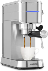 Klarstein Futura Macchina per caffè espresso, Macchina per caffè espresso con filtro portatile, 1450 W, 20 bar, Qualità Barista, Doppio ugello, Arresto del flusso, Macchina per caffè espresso con filtro portatile, Funzione montalatte, Argento