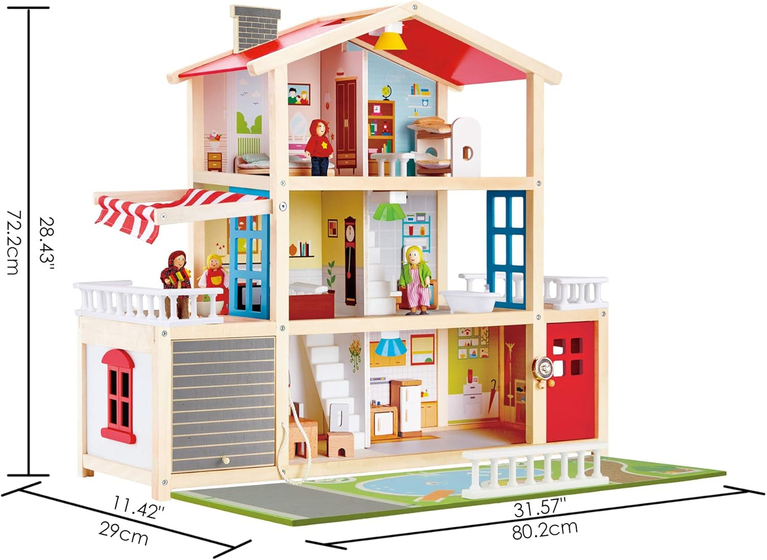 E3405 - Casa delle bambole, Casa delle bambole con accessori, in legno ed E3500 - Famiglia di bambole, pelle chiara