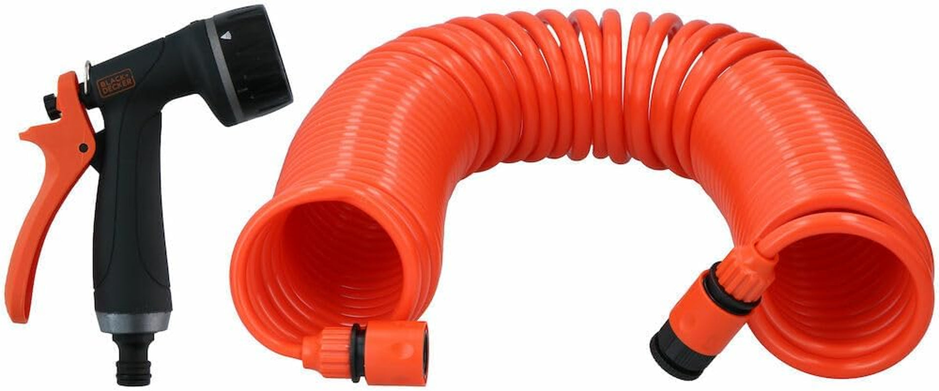 BLACK+DECKER Tubo a spirale 15M - Tubo da giardino con spruzzatore da giardino e raccordi da 1/2" - Plastica - Arancione/Nero