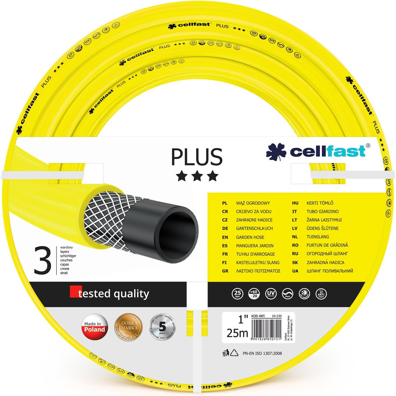 Tubo da giardino CELLFAST Tubo dell'acqua da 3,4 pollici a 3 strati Tubo flessibile per irrigazione da giardino con rinforzo in filo durevole Resistente ai raggi UV Anti-alghe 25 bar 50 metri e altro
