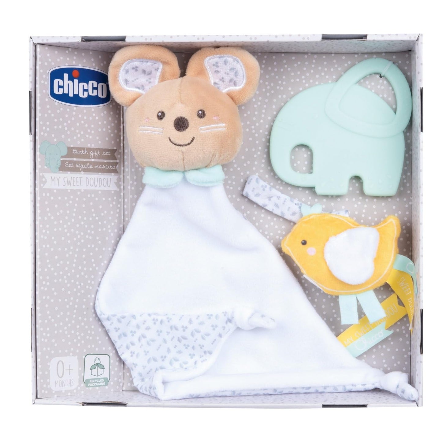 Chicco, Set Regalo Bebè My Sweet Doudou, Morbida Coperta DouDou, Ciuccio in Velluto, Anello per la Dentizione con Elefante in Rilievo, Idee Regalo per Neonati a partire da 0 Mesi