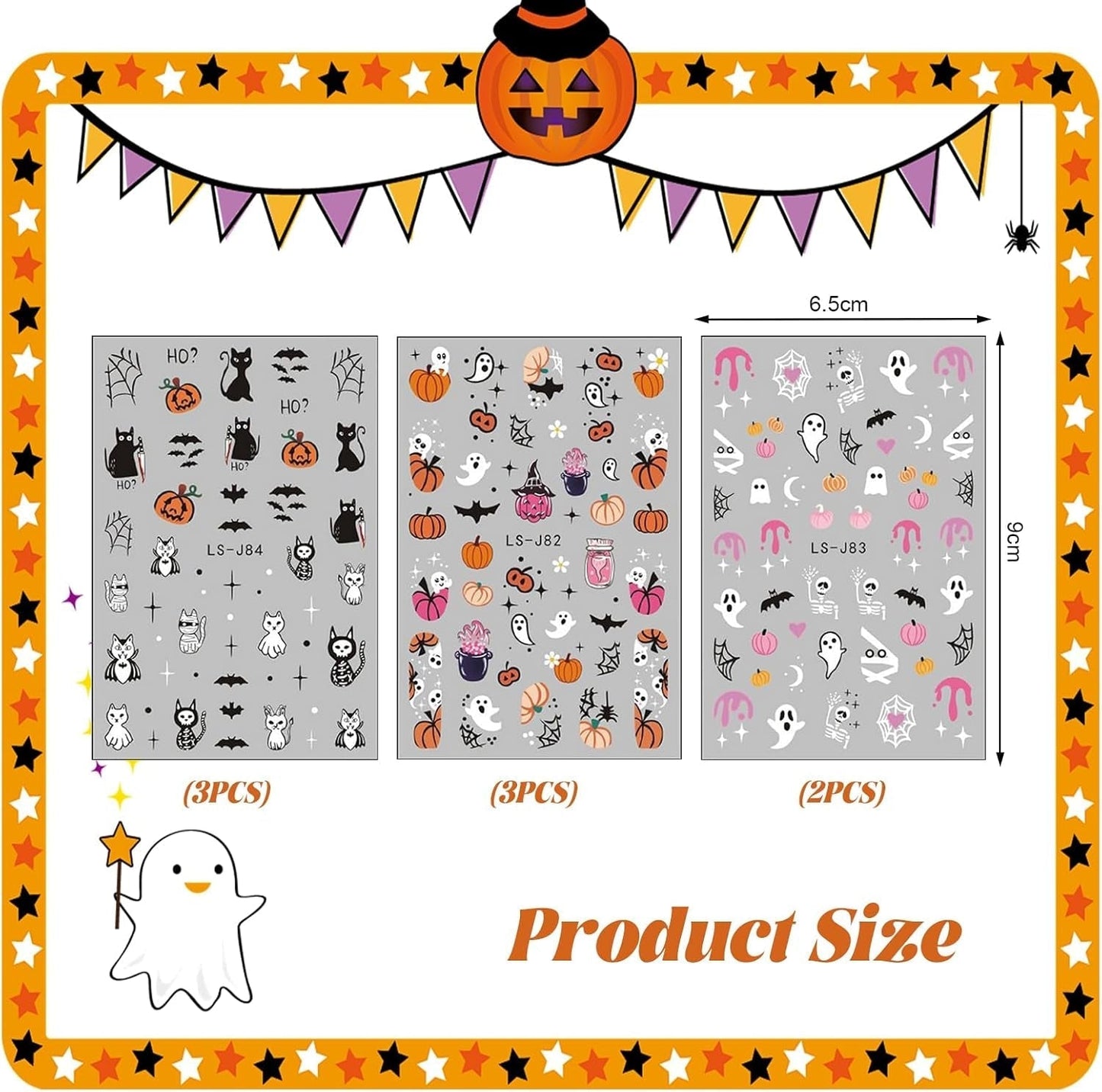 Nagelsticker Halloween, 8 Blätter Halloween Nagelsticker, Kürbis Nail Sticker, Nail Art, Nagel Charms, Nagel Zubehör, Nageldesign, Natale (tipo A)