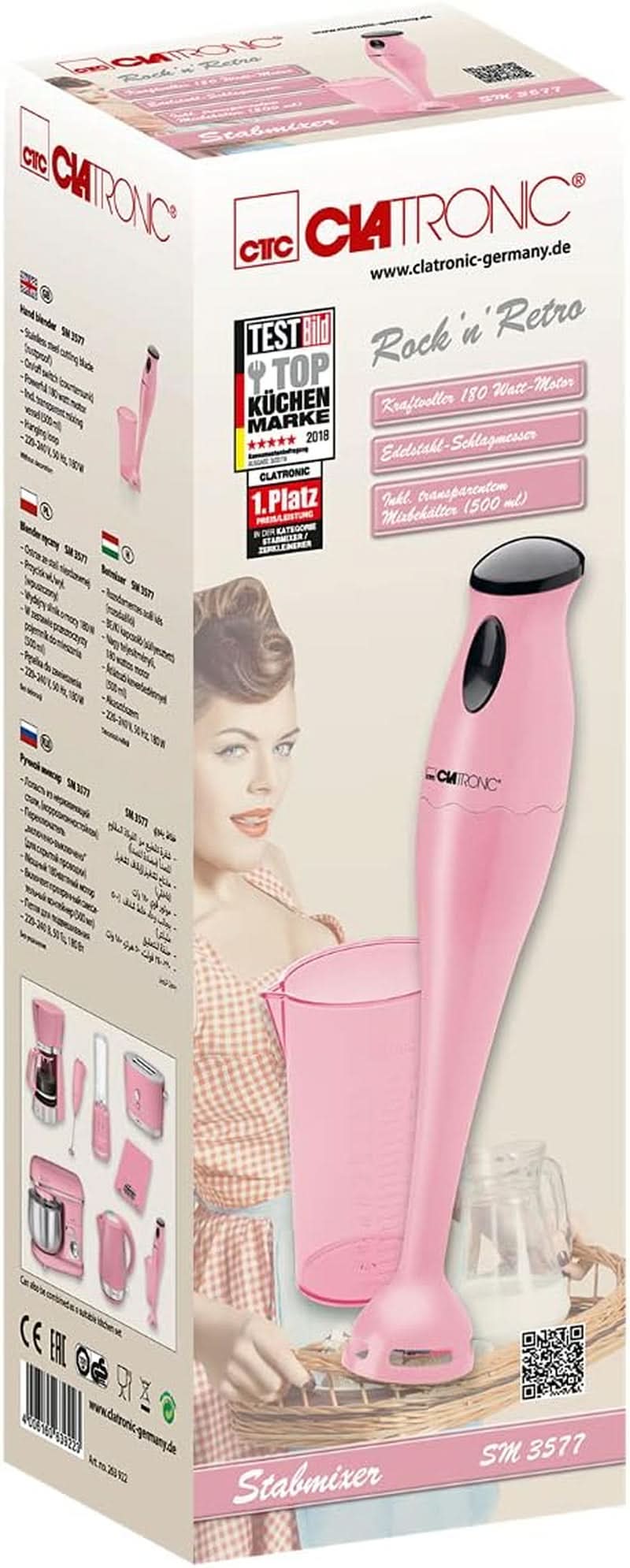 Clatronic Stabmixer/Pürierstab/Blender/Stab-Mixer/Stick/Mixstab SM 3577; Edelstahl-Schlagmesser; Per frullati, Kürbispüree, Babybrei, Milchshake; Con contenitore misto (500 ml); 180 Watt; Negozio Naty Cucina Rosa