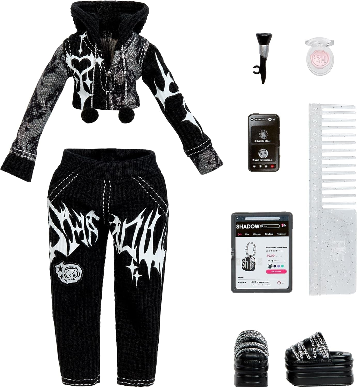 Girls Night Rainbow High Shadow High - Heather Grayson - bambola fashion da 28 cm nei toni del grigio, capelli bianchi e neri e vestito con accessori e pettine - Per collezionisti e bambini dai 6 anni in su