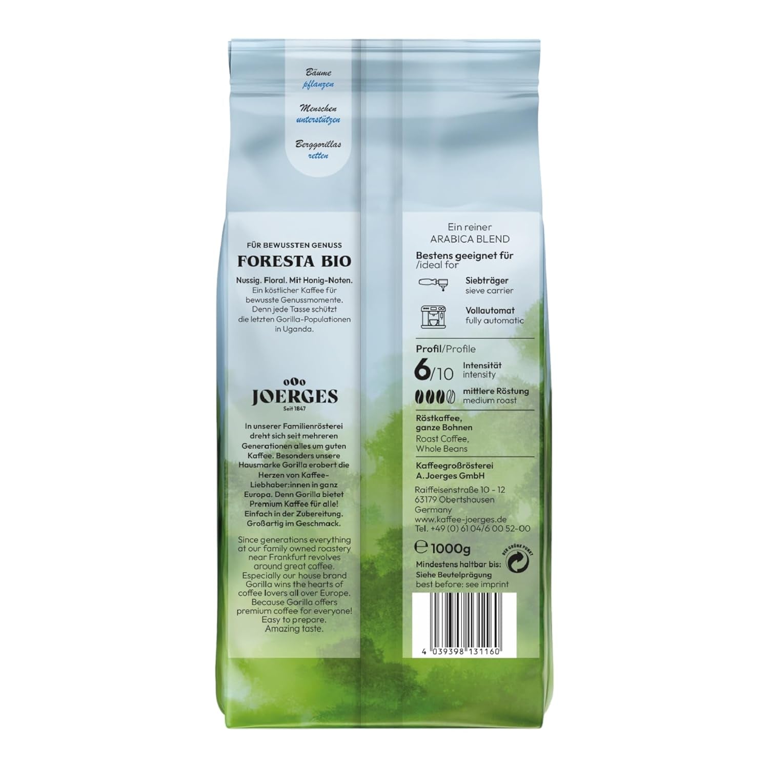 Gorilla Foresta Coffee 6 x 1000 g di chicchi interi tostati | Miscela Arabica | Portafiltro e macchine per caffè espresso completamente automatiche | Caffè espresso