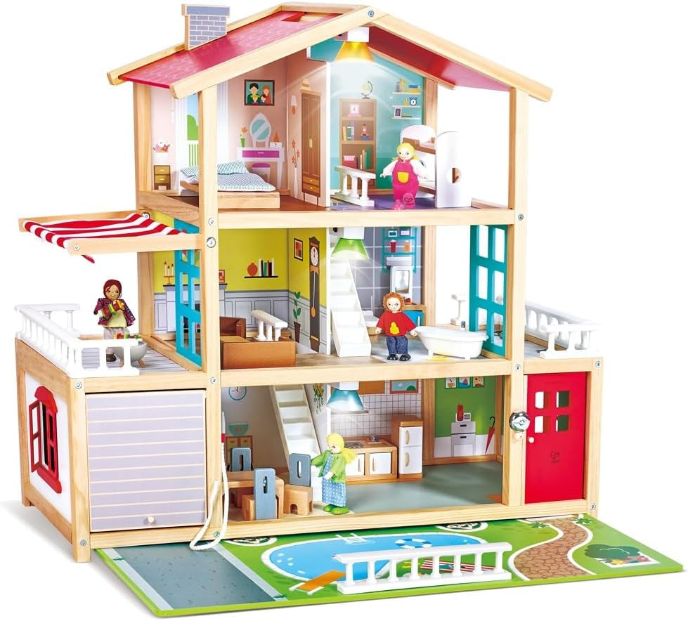 Hape Doll's Villa Casa delle bambole in legno con 10 stanze Gioco di ruolo creativo con mobili e accessori Giocattolo educativo per bambini dai 3 anni in su