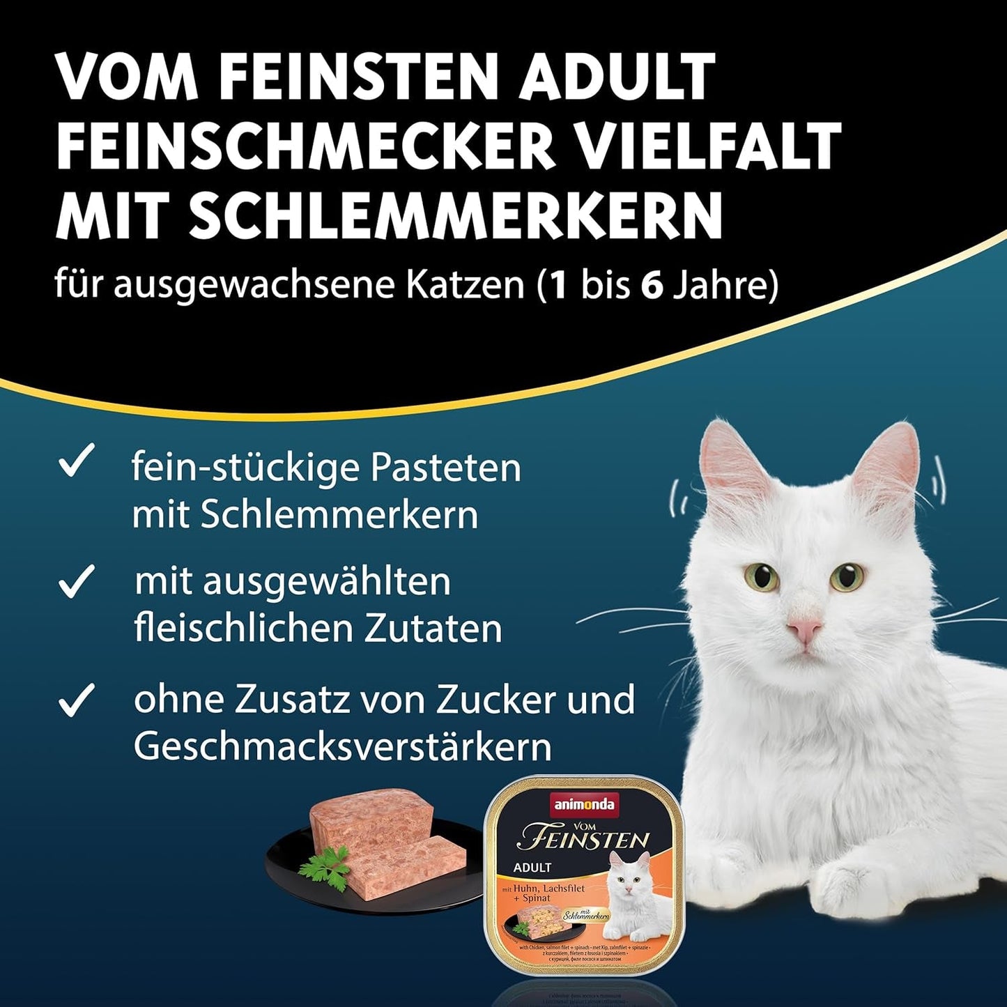 animonda Vom Feinsten Adult Gourmet Variety (32 x 100 g), alimento umido senza cereali e senza zucchero per gatti adulti dall'irresistibile cuore gourmet.