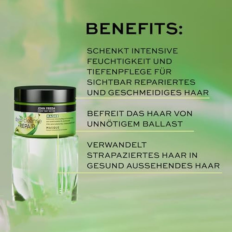 John Frieda - Maschera/Trattamento Deep Cleanse & Repair - Contenuto: 250 ml - Con olio di semi di canapa + avocado nutriente - Maschera lenitiva per capelli danneggiati Maschera per capelli Naty Shop