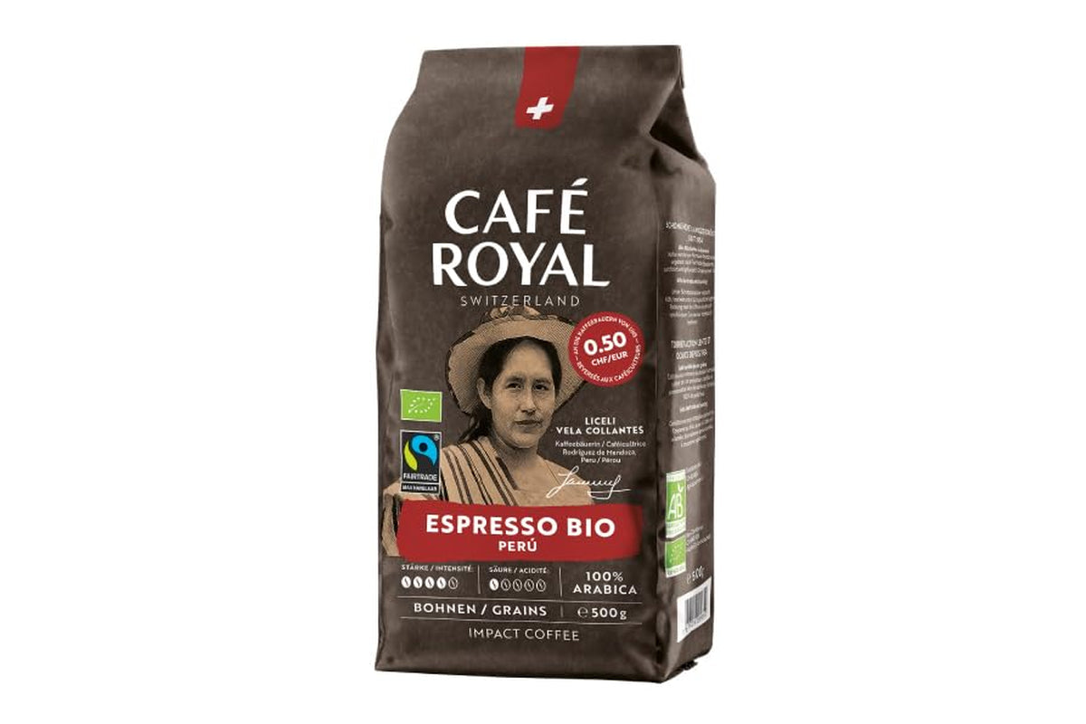 Café Royal Bio Espresso Perù – 100% Arabica Kaffeebohnen, aroma intenso, dunkle Röstung, Stärke 4/5, Bio & Fairtrade, 500 g ganze Bohnen