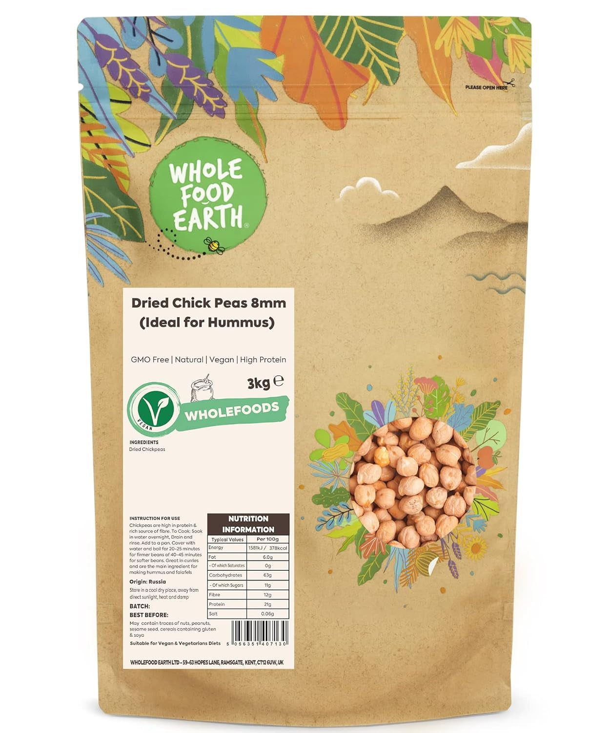Ceci integrali della terra, 8 mm (ideali per l'hummus), non OGM, naturali, vegani, senza latticini, senza zuccheri aggiunti, 2 kg
