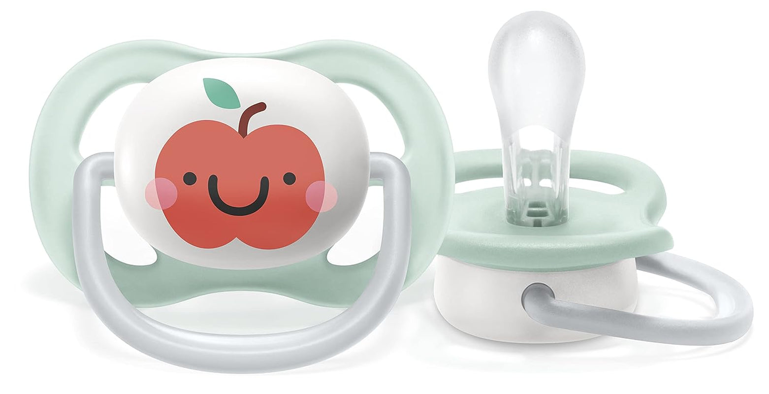 Succhietto Philips AVENT ultra air - confezione da 2, senza BPA, traspirante, per bambini da 0 a 6 mesi, inclusa custodia per il trasporto e sterilizzazione, mela/pera (modello SCF080/17)