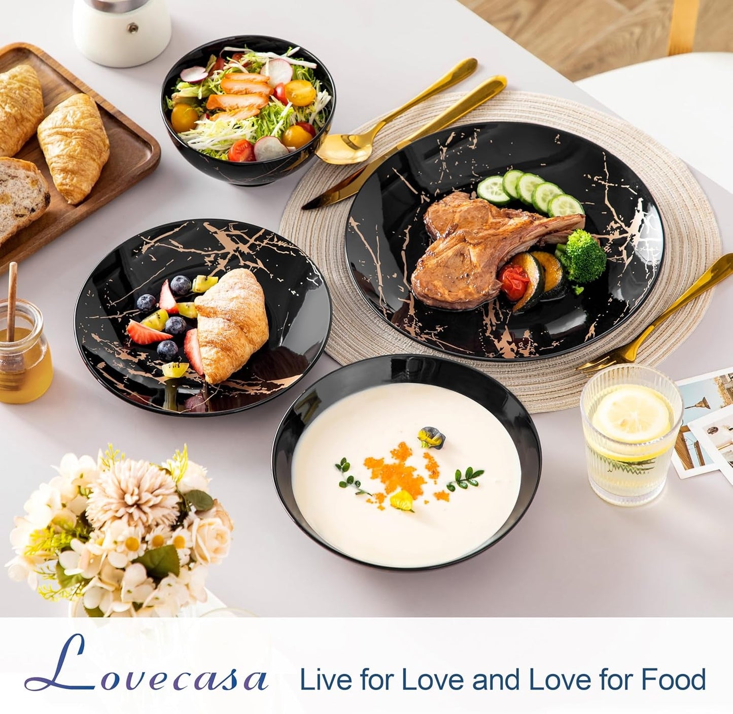 LOVECASA Set di stoviglie in porcellana serie Daphne SWEET Set combinato 24 pezzi Piatti piani design oro Piatti da dessert Ciotole di cereali e piatti piani per 6 persone