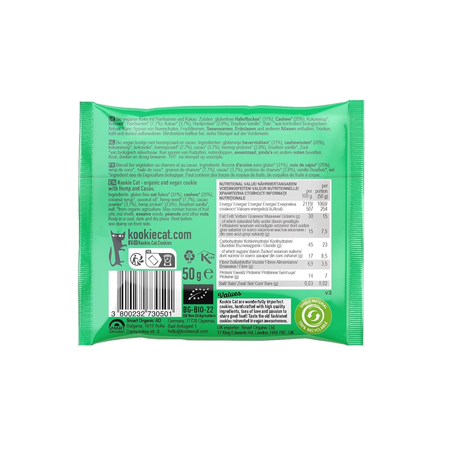 Biscotti biologici con semi di canapa e cacao - Vegani senza glutine e senza soia, anacardi e avena, confezionati singolarmente - Confezione multipla da 12 x 50 g