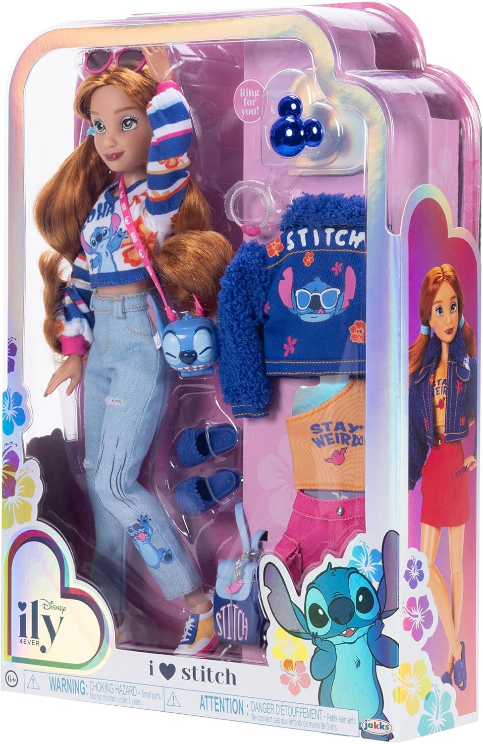 Bambole alla moda Disney ILY 4EVER Stitch con capelli rossi, alte 29 cm, con 13 punti di articolazione, due abiti completi mix-and-match e uno scintillante anello di Topolino per te!